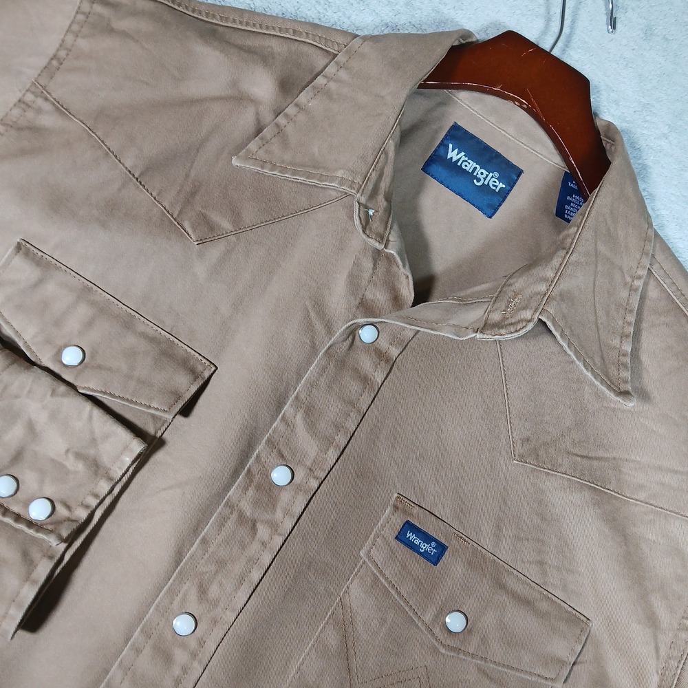 Wrangler Western Shirt Mens Large Tall Brown Regular Cotton Workwear